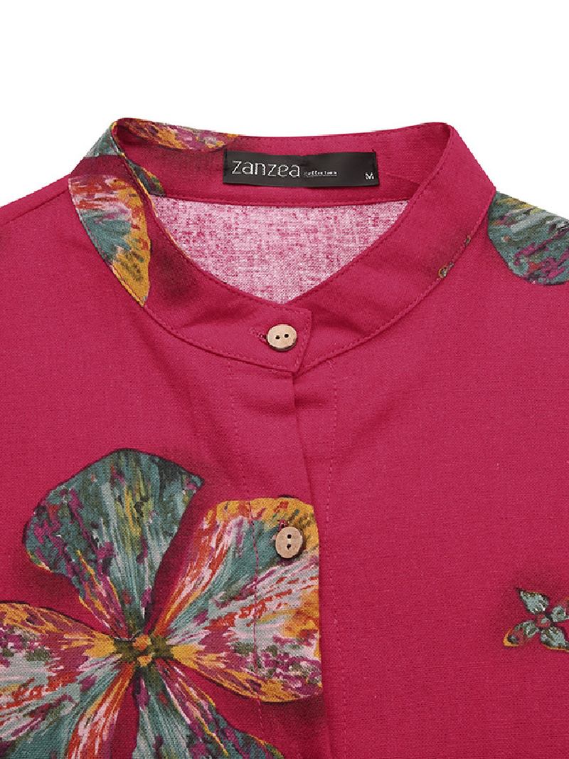 Kvinner Bomullsblomster Med Trykk Kaftan Langermet Retro Skjortekjole