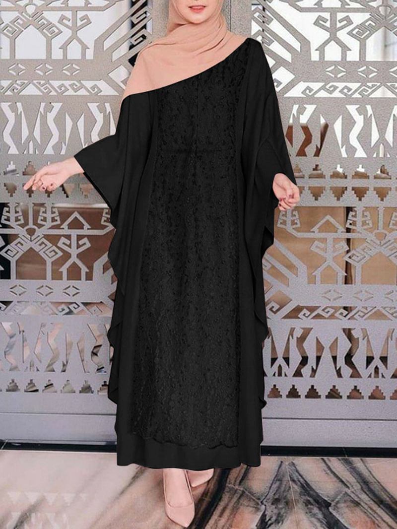 Kvinner Langermet Blonder Patchwork Flaggermusermet Kaftan Tunika Ensfarget Plisserte Midi-kjoler