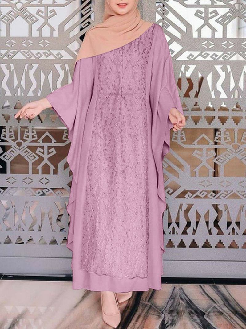 Kvinner Langermet Blonder Patchwork Flaggermusermet Kaftan Tunika Ensfarget Plisserte Midi-kjoler