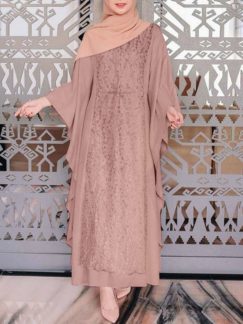 Kvinner Langermet Blonder Patchwork Flaggermusermet Kaftan Tunika Ensfarget Plisserte Midi-kjoler