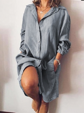 Kvinner Løs Fritids Langermet V-hals Button Pocket Shirt Dress