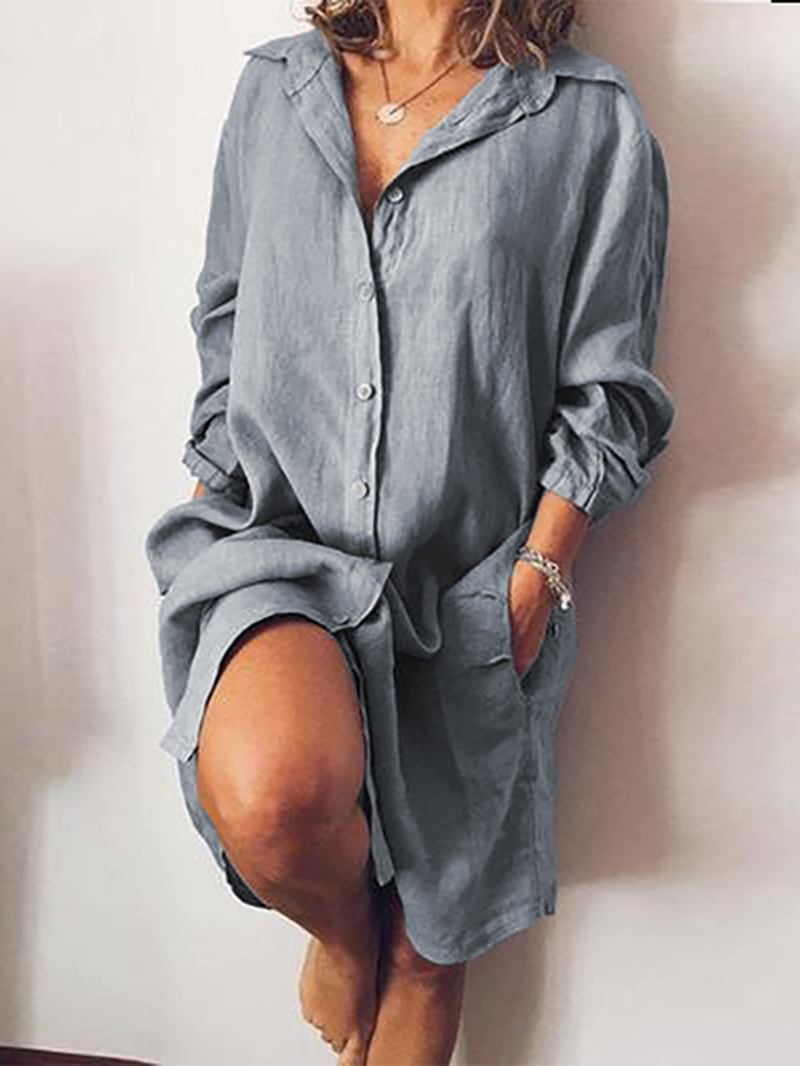 Kvinner Løs Fritids Langermet V-hals Button Pocket Shirt Dress