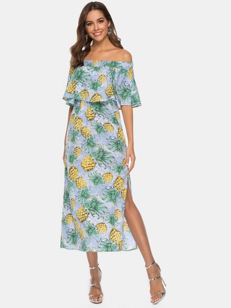 Kvinner Off Shoulder Blomstrete Med Trykk Split Causal Midi-kjole