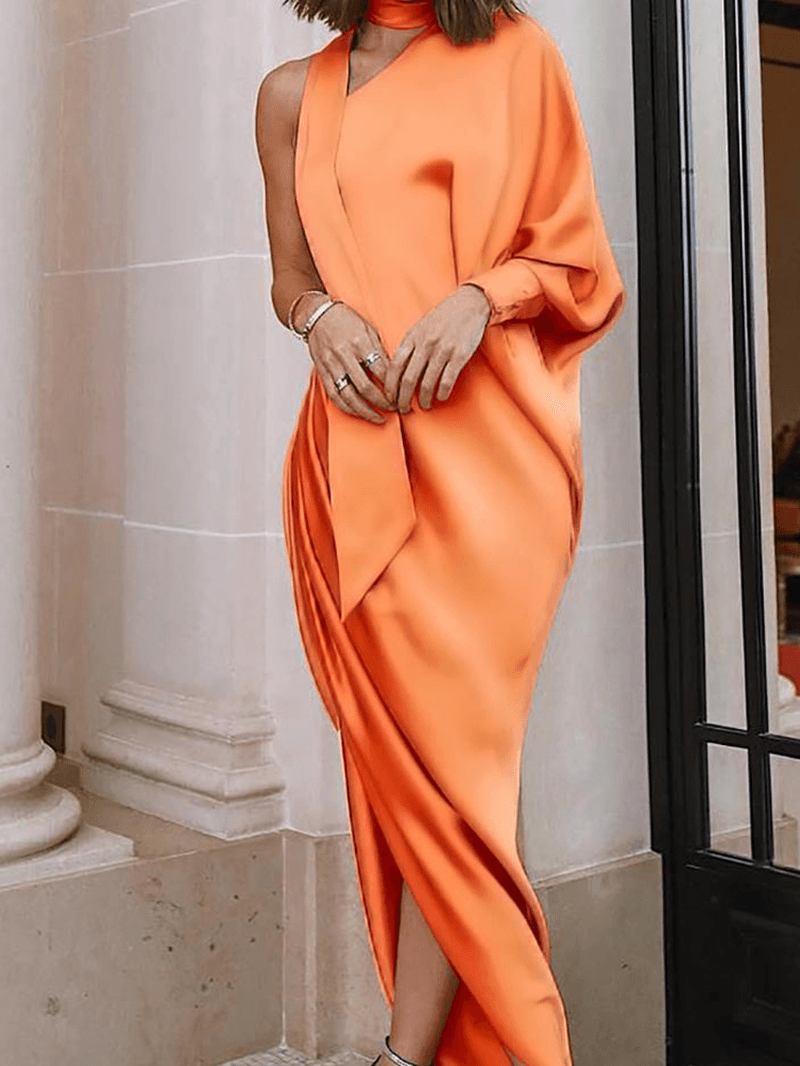 Kvinner One Shoulder Scrunch Slit Side Maxi Evening Dress