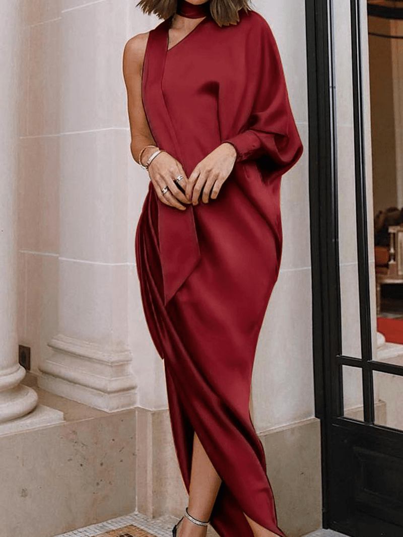 Kvinner One Shoulder Scrunch Slit Side Maxi Evening Dress