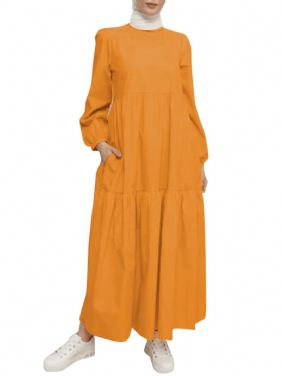 Kvinner Solid Crew Neck Layered Back Buttons Abaya Kaftan Dress