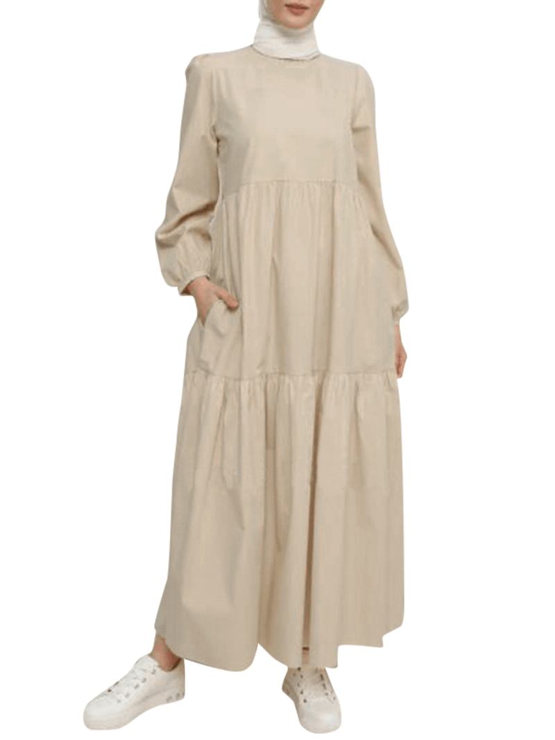 Kvinner Solid Crew Neck Layered Back Buttons Abaya Kaftan Dress