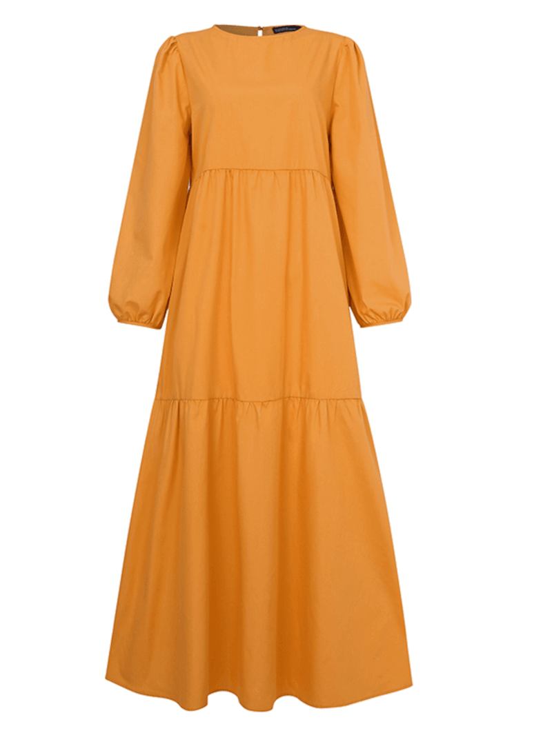 Kvinner Solid Crew Neck Layered Back Buttons Abaya Kaftan Dress