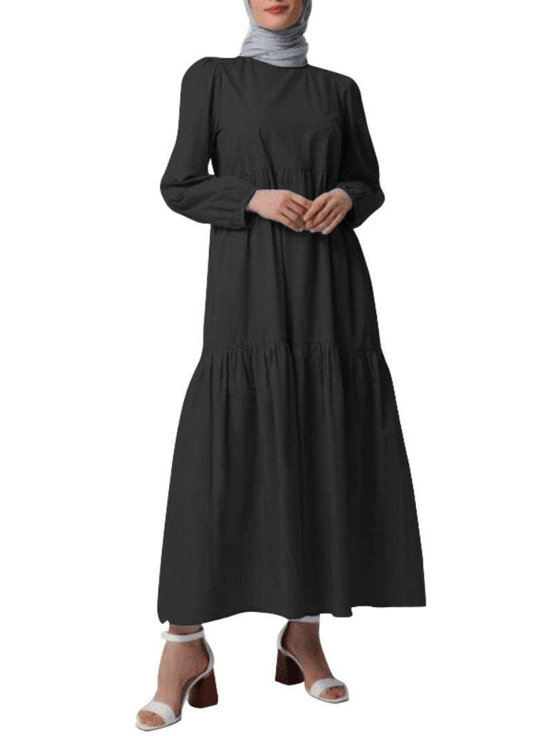 Kvinner Solid Crew Neck Layered Back Buttons Abaya Kaftan Dress