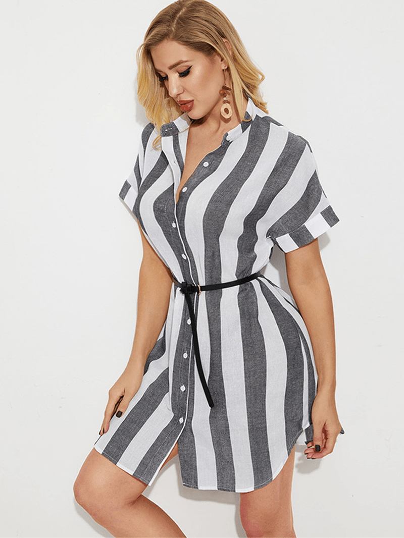 Lin Striped Med Trykk Front Button Stand Krage Kortermet Fritids Dress