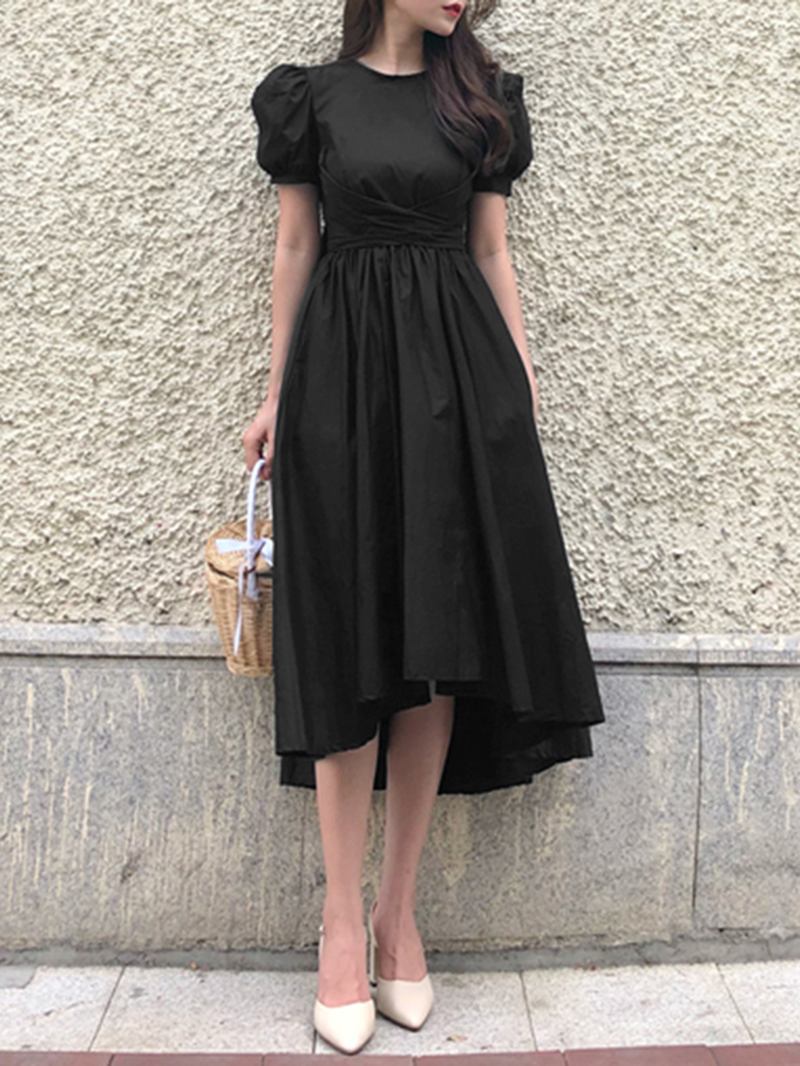 Puff Sleeve Tilbake Glidelås Snøring Ensfarge Belted Fritids Midi Dress