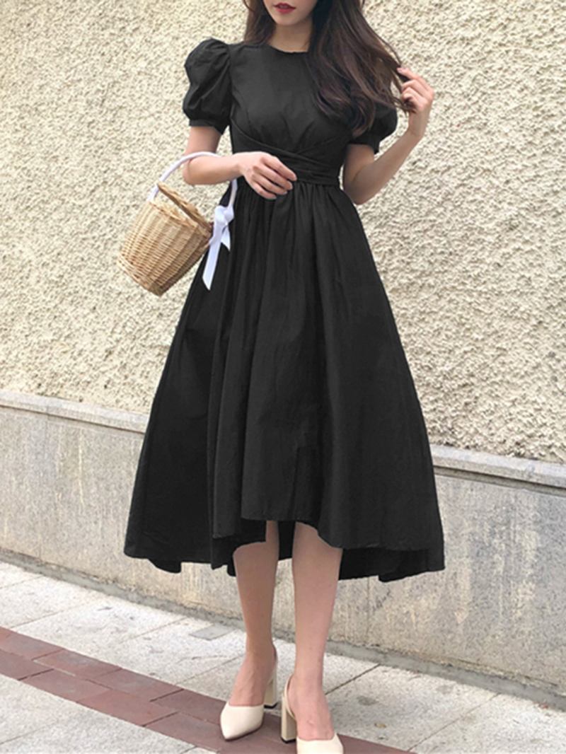 Puff Sleeve Tilbake Glidelås Snøring Ensfarge Belted Fritids Midi Dress