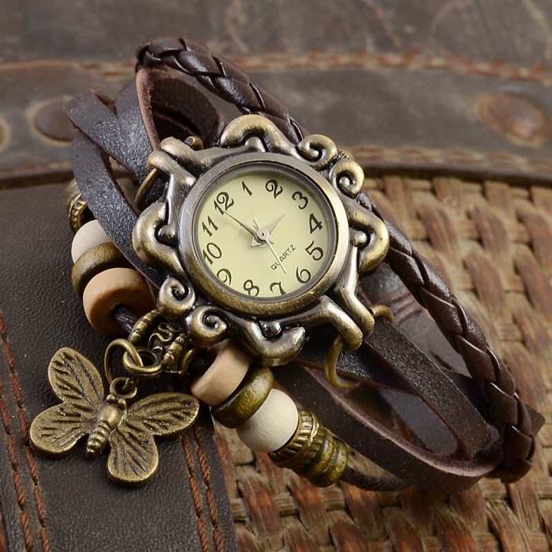 Retro Stil Flerlags Kvinner Armbånd Watch Butterfly Anheng Kvarts Klokker