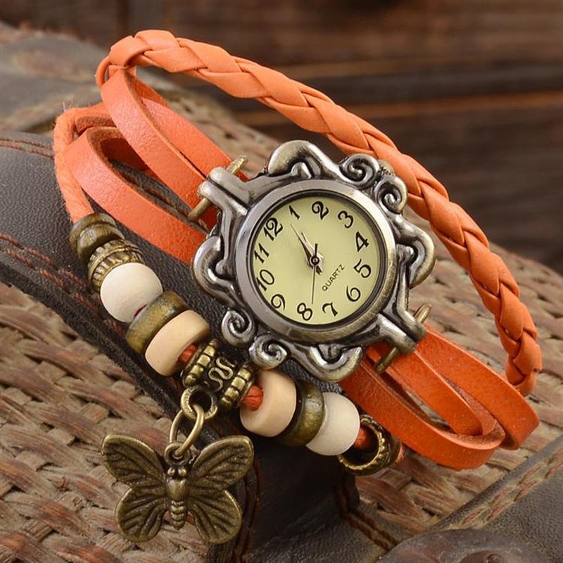 Retro Stil Flerlags Kvinner Armbånd Watch Butterfly Anheng Kvarts Klokker