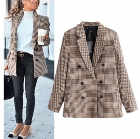 Dobbeltspent Kort Rutete Blazer Langermet Lomme Tweed Dame Blazer Vinterjakke Kontordress Kvinne