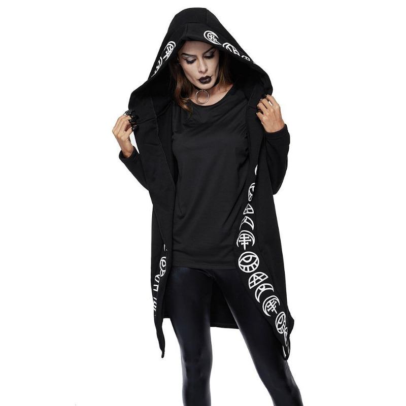 Høst Gothic Fritids Cool Chic Black Plus Size Sweaters For Kvinner Løs Bomull Hette Med Vanlig Trykk Punk Hettegensere For Kvinner