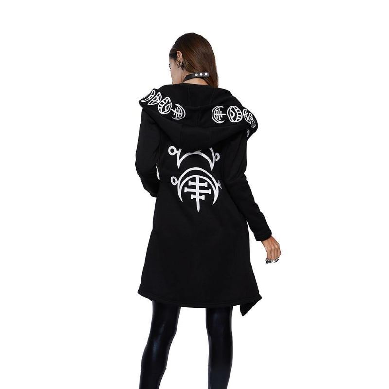 Høst Gothic Fritids Cool Chic Black Plus Size Sweaters For Kvinner Løs Bomull Hette Med Vanlig Trykk Punk Hettegensere For Kvinner