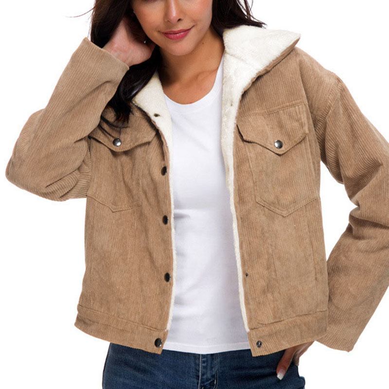 Kvinner Faux Shearling Lined Corduroy Dobbel Pocket Fritids Teddy Jacket