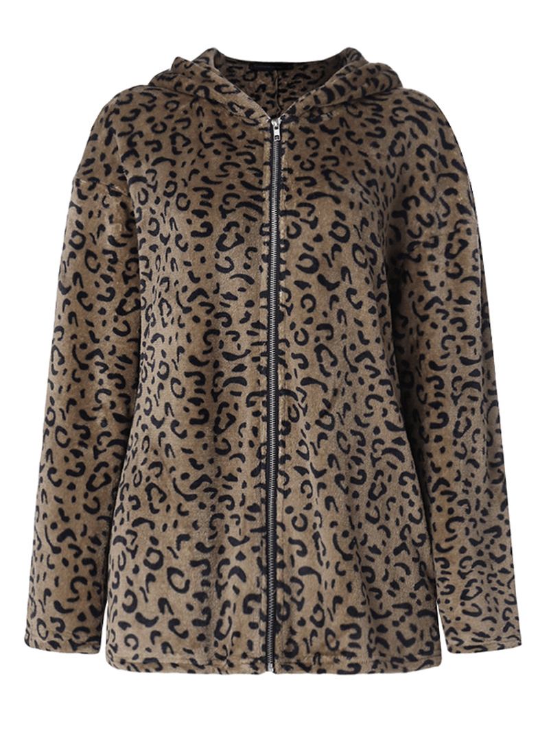 Kvinner Fritids Zip Up Leopard Med Trykk Hettefrakker