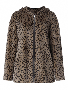 Kvinner Fritids Zip Up Leopard Med Trykk Hettefrakker