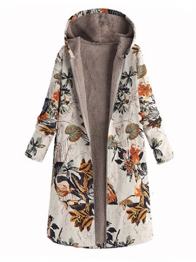 Kvinner Leaves Med Trykk Langermet Hette Fleece Maxi Coats Jakke