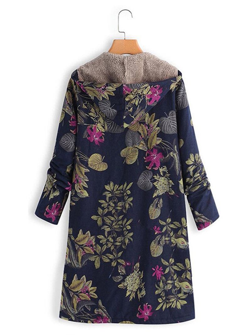 Kvinner Leaves Med Trykk Langermet Hette Fleece Maxi Coats Jakke