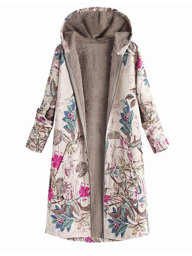 Kvinner Leaves Med Trykk Langermet Hette Fleece Maxi Coats Jakke