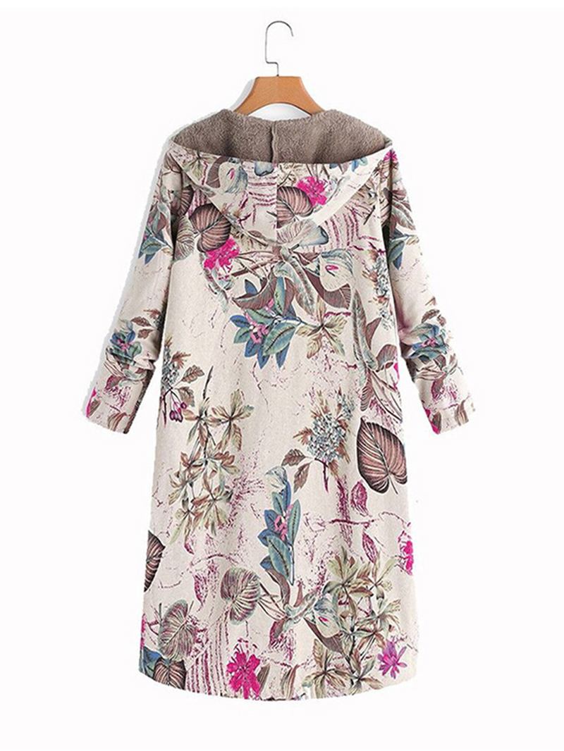 Kvinner Leaves Med Trykk Langermet Hette Fleece Maxi Coats Jakke