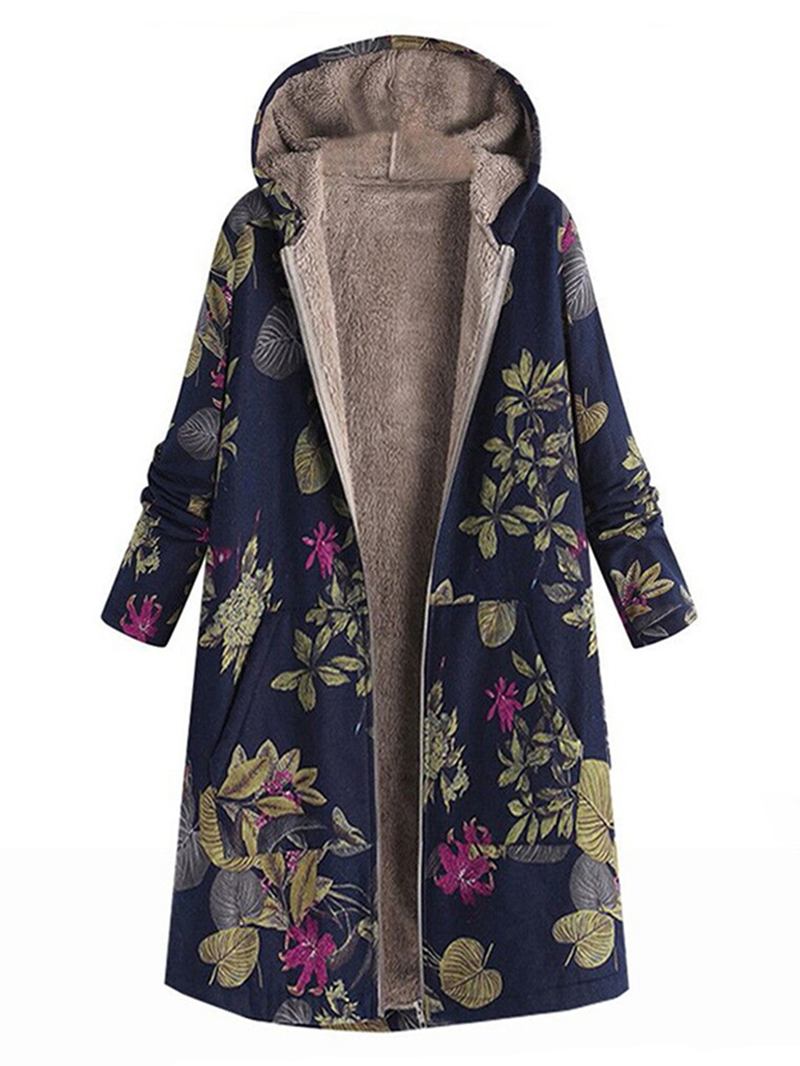 Kvinner Leaves Med Trykk Langermet Hette Fleece Maxi Coats Jakke