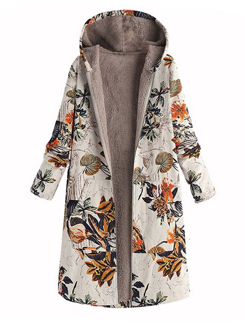 Kvinner Leaves Med Trykk Langermet Hette Fleece Maxi Coats Jakke