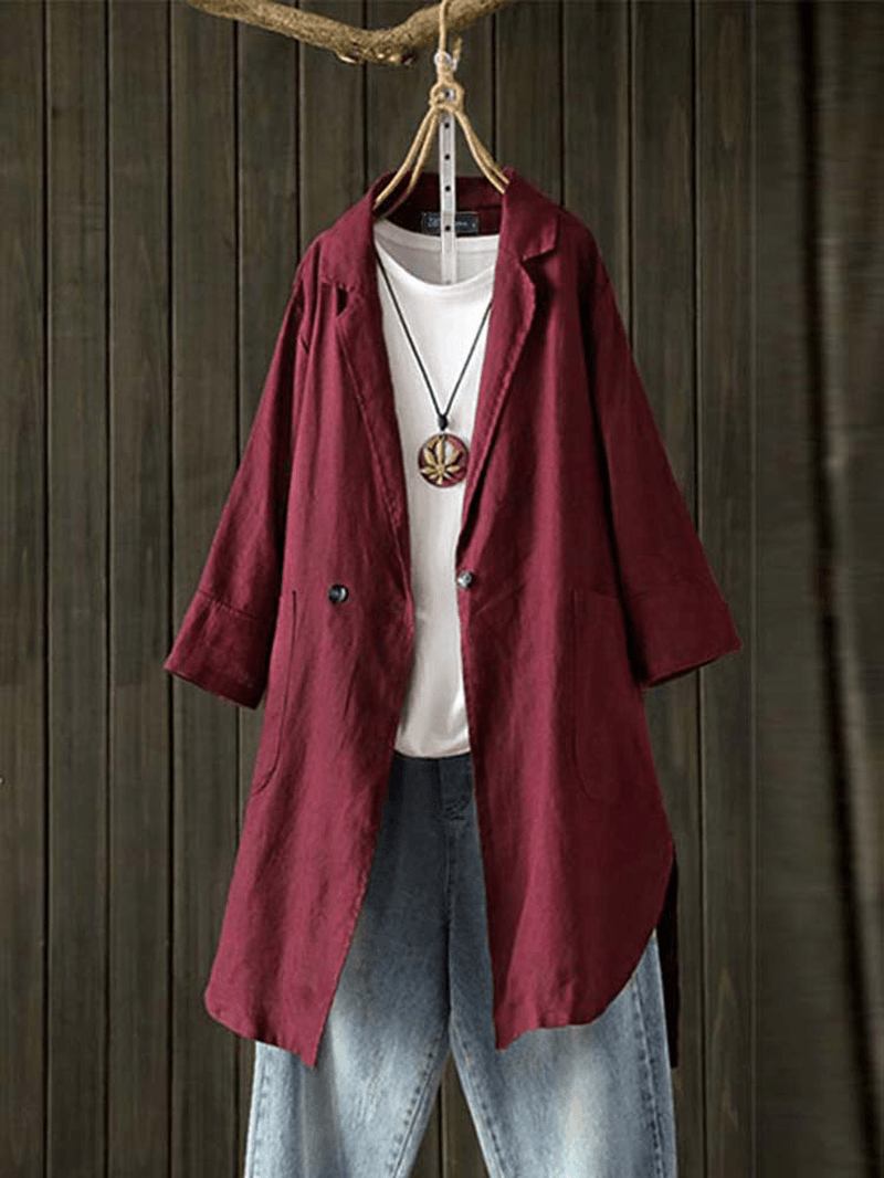 Kvinner Pure Color Cotton Buttons 3/4 Sleeve Coats