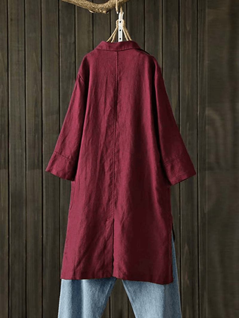 Kvinner Pure Color Cotton Buttons 3/4 Sleeve Coats