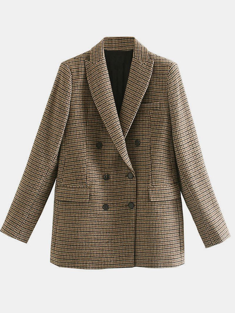 Kvinner Rutete Vintage Ull Med Trykk Lapel Collar Langermet Suit Jakker