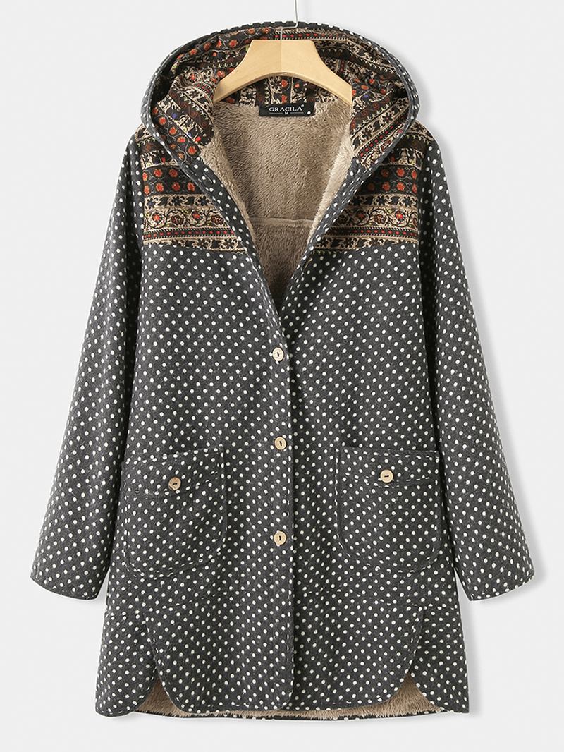 Polka Dot Langermet Hette Patchwork Fleece Side Pocket Coats For Kvinner