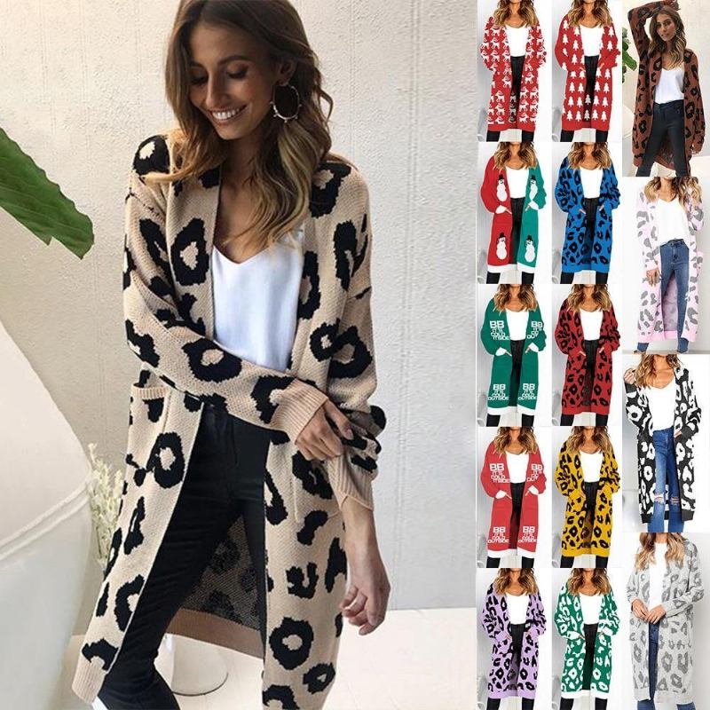 Sexy Leopardtrykt Cardigan Genser Kvinner 2018 Høst Vinter Genser Harajuku Langermet Strikkegenser Sueter Mujer