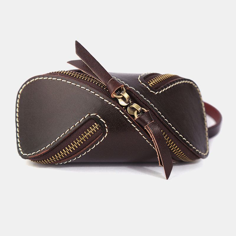 Menn Ekte Skinn Ensfarget Oval Glidelås Retro Nøkkel Etui Kort Etui Clutch Vesker