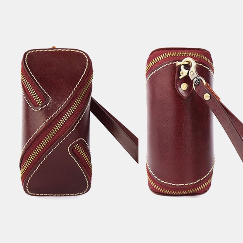 Menn Ekte Skinn Ensfarget Oval Glidelås Retro Nøkkel Etui Kort Etui Clutch Vesker