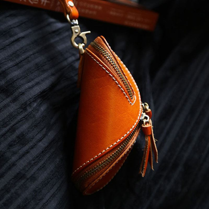 Menn Ekte Skinn Ensfarget Oval Glidelås Retro Nøkkel Etui Kort Etui Clutch Vesker