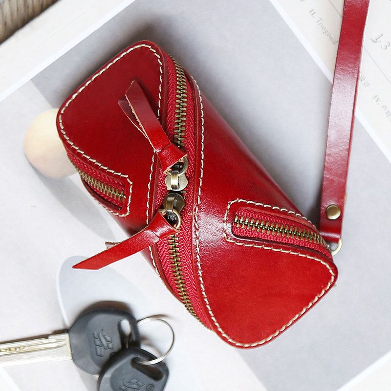 Menn Ekte Skinn Ensfarget Oval Glidelås Retro Nøkkel Etui Kort Etui Clutch Vesker