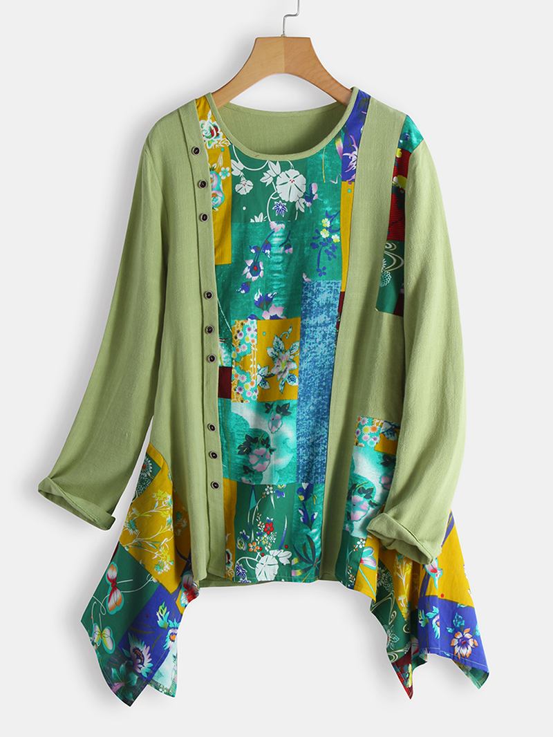 Blomstertrykk Uregelmessig Hem Patchwork Langermet Bluse Med O-hals