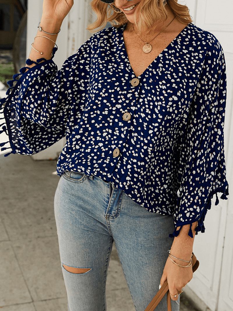 Bohemian Polka Dot Med Trykk Blomstrete V-hals Fritids Dusk Bluse