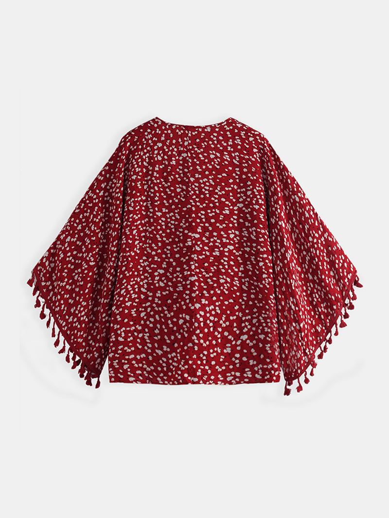 Bohemian Polka Dot Med Trykk Blomstrete V-hals Fritids Dusk Bluse