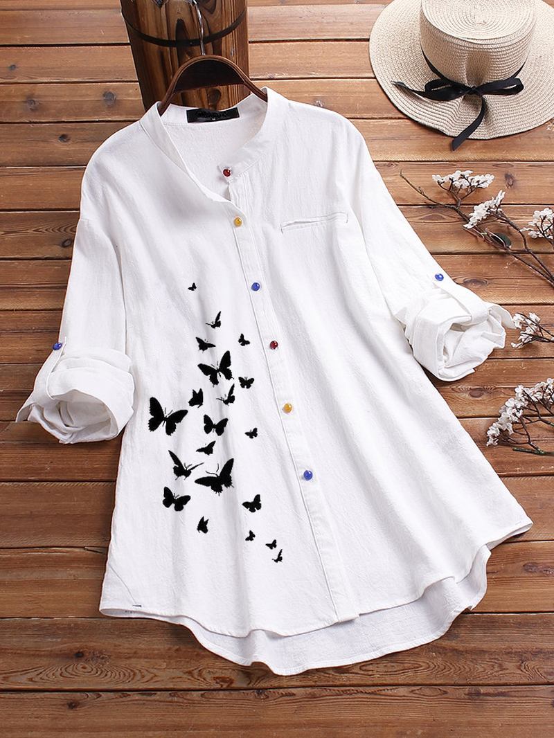 Butterfly Med Trykk Button Causal Skjorter Bluse