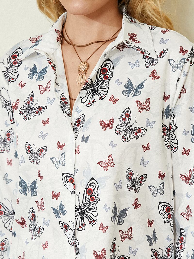 Dame All Over Butterfly Med Trykk Button Up Hvit Fritidsskjorte