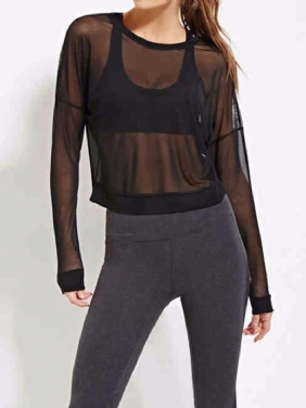 Dame Black Mesh Se Gjennom Langermet Skjorte Fritids Bluse