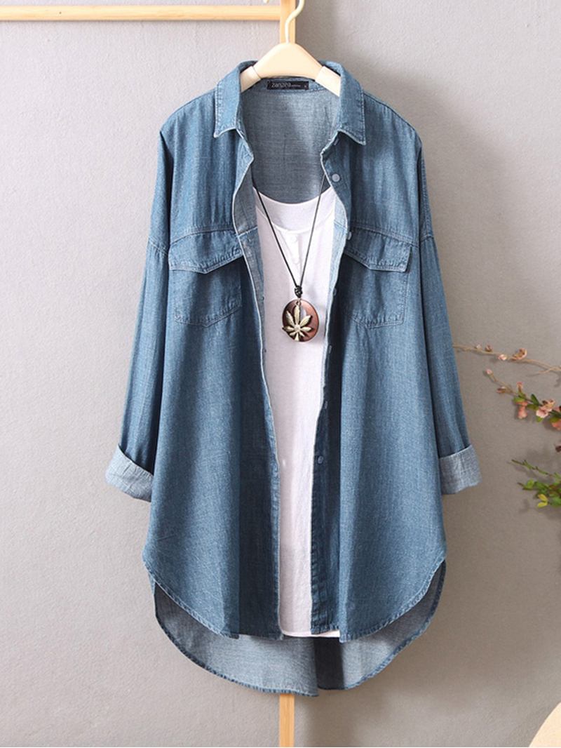 Dame Langermet Button Down Skjorter Uformell Løs Denim Bluse