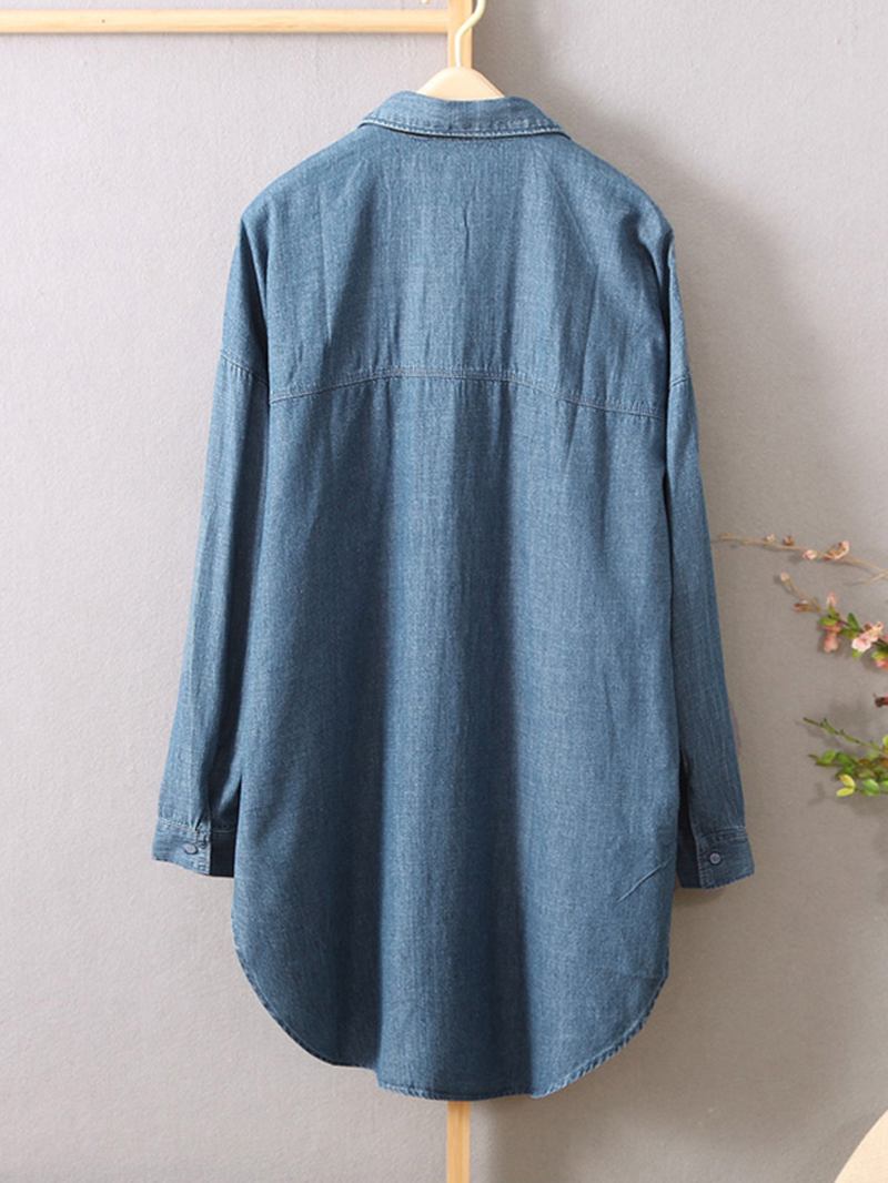 Dame Langermet Button Down Skjorter Uformell Løs Denim Bluse