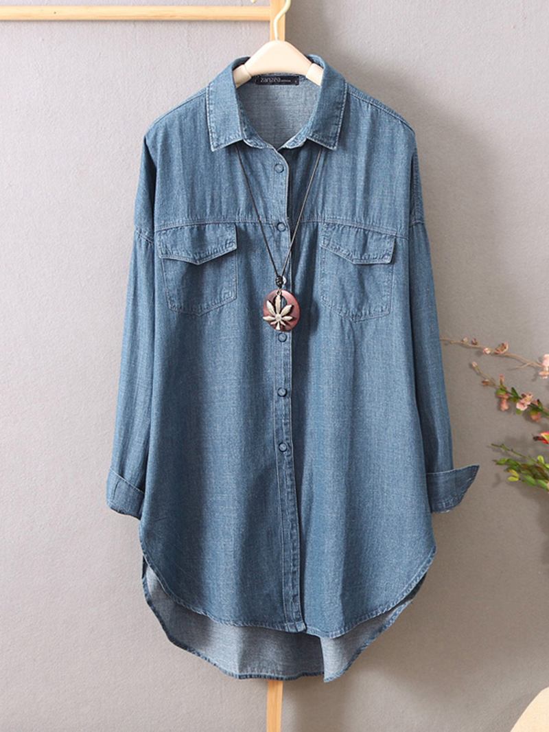 Dame Langermet Button Down Skjorter Uformell Løs Denim Bluse