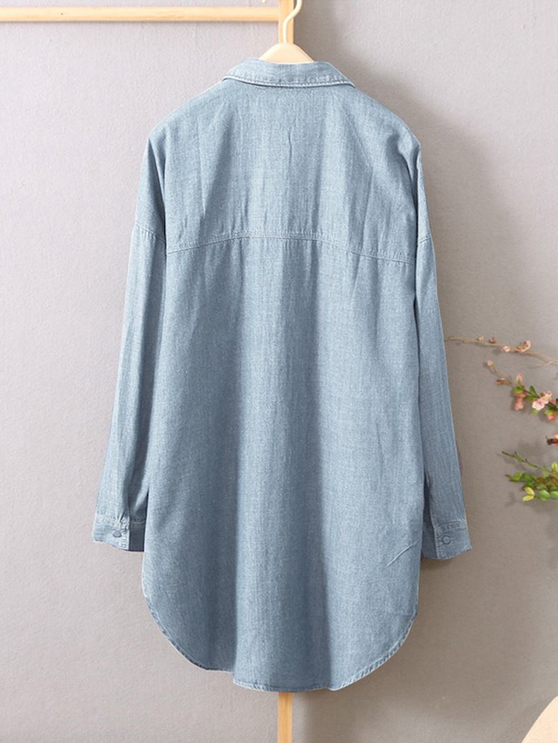 Dame Langermet Button Down Skjorter Uformell Løs Denim Bluse