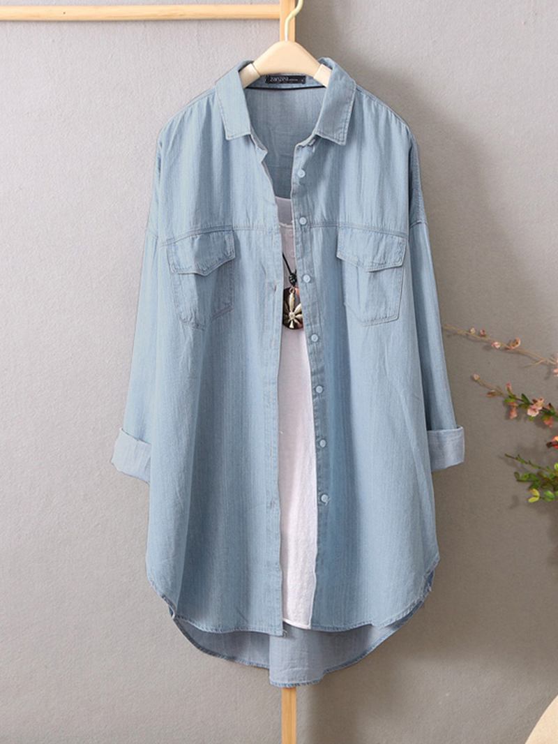 Dame Langermet Button Down Skjorter Uformell Løs Denim Bluse